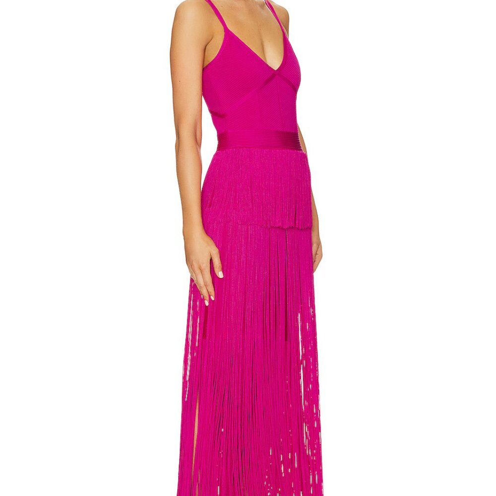 Herve Leger Strappy Ottoman Fringe Gown Prom Dress Size Medium Magenta